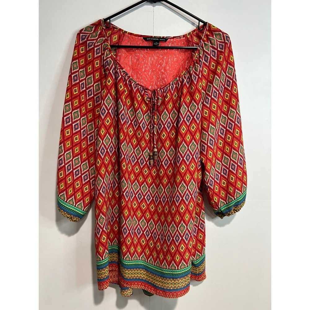 Zac & Rachel Peasant‎ Blouse Women 1X Red Geometric Lace Back Tassel Tie Top